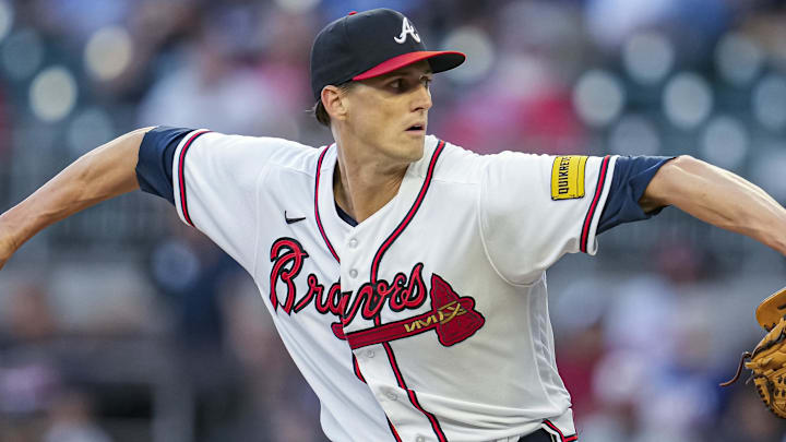 Sep 18, 2023; Cumberland, Georgia, USA; Atlanta Braves starting pitcher Kyle Wright (30) pitches against the Philadelphia Phillies during the first inning at Truist Park. Mandatory Credit: Dale Zanine-Imagn Images
