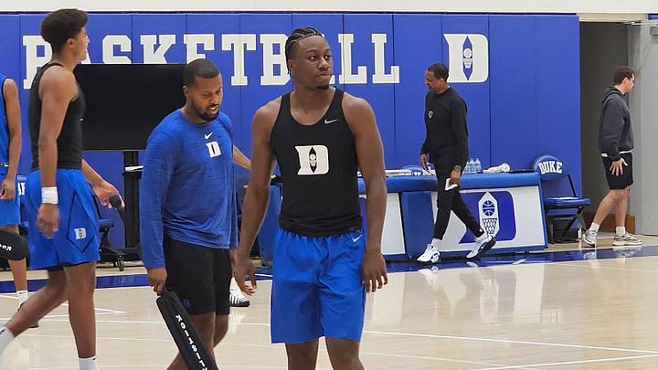 Duke basketball guard John Blackwell in the Blue Devils' practice facility at Media Day Duke basketball guard John Blackwell in the Blue Devils' practice facility at Media Day