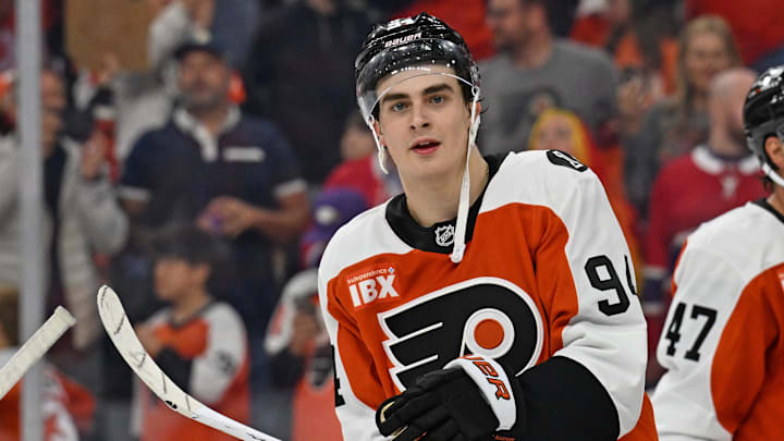 Apr 14, 2026; Philadelphia, Pennsylvania, USA; Philadelphia Flyers right wing Porter Martone (94) celebrates win against the Montréal Canadiens at Xfinity Mobile Arena. Mandatory Credit: Eric Hartline-Imagn Images