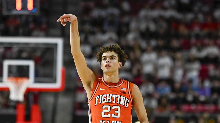 Mar 8, 2026; College Park, Maryland, USA;  Illinois Fighting Illini guard Keaton Wagler (23) reacts after shooting a three point basket during the first  half against the Maryland Terrapins at Xfinity Center. Mandatory Credit: Tommy Gilligan-Imagn Images