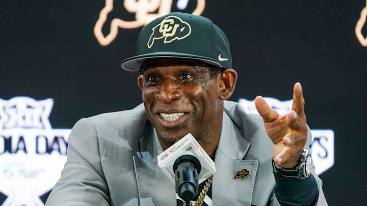 Colorado head coach Deion Sanders speaks with the media during 2025 Big 12 Football media days.