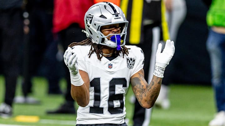 Dec 29, 2024; New Orleans, Louisiana, USA; Las Vegas Raiders wide receiver Jakobi Meyers (16) reacts to dropping a pass against the New Orleans Saints during the first half at Caesars Superdome. Mandatory Credit: Stephen Lew-Imagn Images Dec 29, 2024; New Orleans, Louisiana, USA; Las Vegas Raiders wide receiver Jakobi Meyers (16) reacts to dropping a pass against the New Orleans Saints during the first half at Caesars Superdome. Mandatory Credit: Stephen Lew-Imagn Images