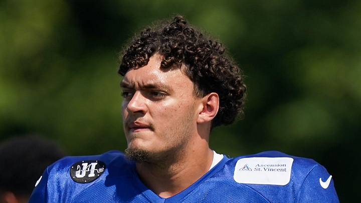 Indianapolis Colts offensive tackle Jalen Travis walks up the field