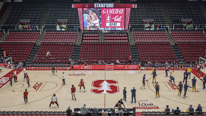 Jan 24, 2026; Stanford, California, USA;  General view of warmups prior to the game between the Stanford Cardinals and the California Golden Bears at Maples Pavilion. Mandatory Credit: Stan Szeto-Imagn Images
