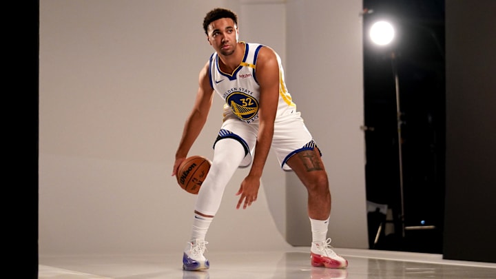 Golden State Warriors center Trayce Jackson-Davis (32) dribbles the ball during Media Day at the Chase Center. Golden State Warriors center Trayce Jackson-Davis (32) dribbles the ball during Media Day at the Chase Center.