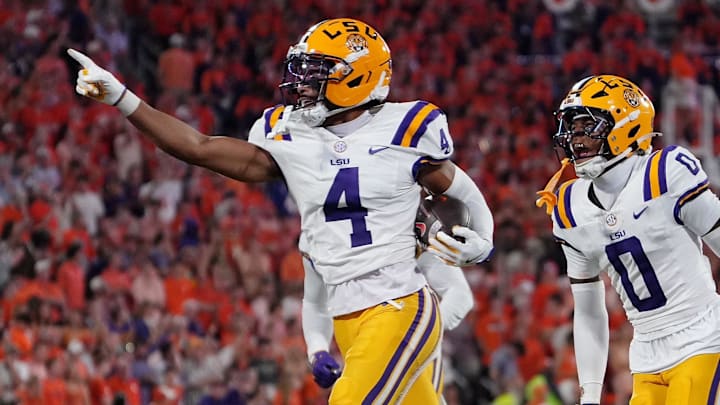 LSU Tigers cornerback Mansoor Delane celebrates after a play against the Clemson Tigers.