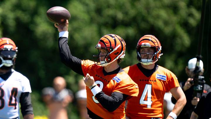 Cincinnati Bengals quarterback Joe Burrow (9) throws a pass during spring practice on at the Kettering Practice Fields on Tuesday, June 2, 2026.