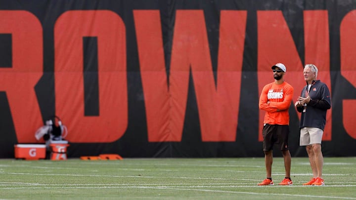 Cleveland Browns General Manager Andrew Berry, left, and owner Jimmy Haslam observe from the sideline during an NFL football practice at the team's training facility, Tuesday, June 15, 2021, in Berea, Ohio.

Browns 8