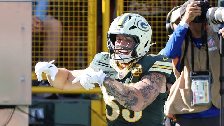 Oct 11, 2026; Green Bay, Wisconsin, USA;  Green Bay Packers tight end Tucker Kraft (85) reacts after a play against the Chicago Bears during the third quarter at Lambeau Field.  Mandatory Credit: Mike Dinovo-Imagn Images