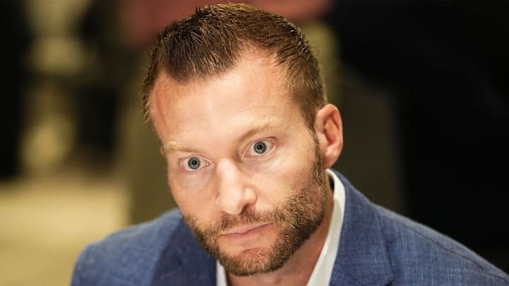 Los Angeles Rams head coach Sean McVay talks to the media.