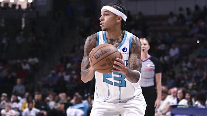Oct 5, 2025; North Charleston, South Carolina, USA; Charlotte Hornets guard Tre Mann (23)  pivots at the 3-point line in the third quarter at North Charleston Coliseum. Mandatory Credit: Arthur Ellis-Imagn Images Oct 5, 2025; North Charleston, South Carolina, USA; Charlotte Hornets guard Tre Mann (23)  pivots at the 3-point line in the third quarter at North Charleston Coliseum. Mandatory Credit: Arthur Ellis-Imagn Images