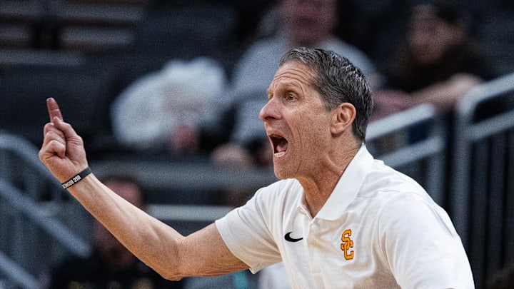 Mar 12, 2025; Indianapolis, IN, USA;  USC Trojans head coach Eric Musselman in the second half against the Rutgers Scarlet Knights at Gainbridge Fieldhouse. Mandatory Credit: Trevor Ruszkowski-Imagn Images