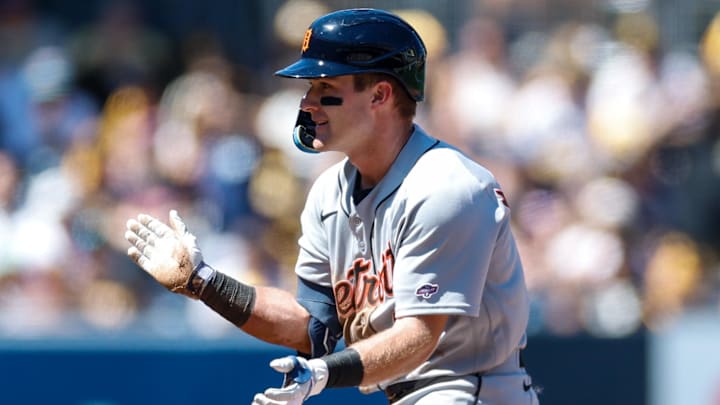 Mar 26, 2026; San Diego, California, USA; Detroit Tigers third baseman Kevin McGonigle (7) celebrates after hitting a double during the third inning against the San Diego Padres at Petco Park. Mandatory Credit: David Frerker-Imagn Images