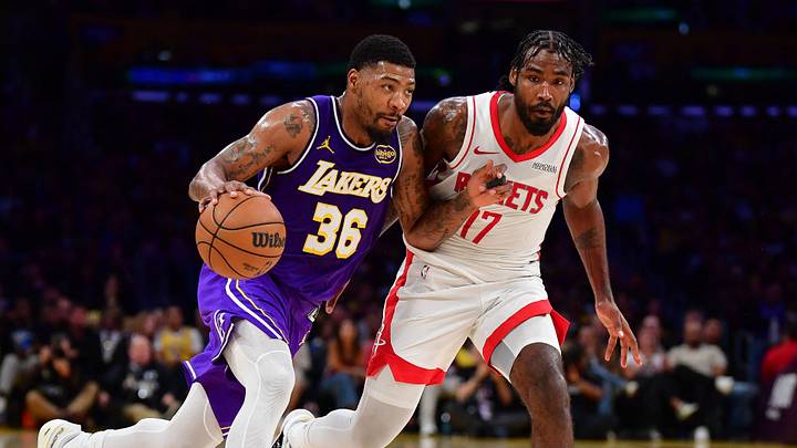 Apr 29, 2026; Los Angeles, California, USA; Los Angeles Lakers guard Marcus Smart (36) moves to the basket against Houston Rockets forward Tari Eason (17) during the first half in game five of the first round of the 2026 NBA Playoffs at Crypto.com Arena. Mandatory Credit: Gary A. Vasquez-Imagn Images Apr 29, 2026; Los Angeles, California, USA; Los Angeles Lakers guard Marcus Smart (36) moves to the basket against Houston Rockets forward Tari Eason (17) during the first half in game five of the first round of the 2026 NBA Playoffs at Crypto.com Arena. Mandatory Credit: Gary A. Vasquez-Imagn Images