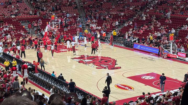 Arkansas Razorbacks men's basketball players warm up ahead of their first exhibition game against the Gonzaga Bulldogs. Arkansas Razorbacks men's basketball players warm up ahead of their first exhibition game against the Gonzaga Bulldogs.