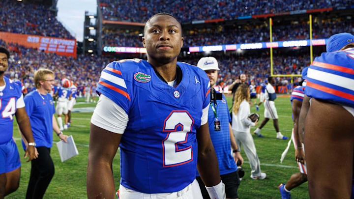 Florida Gators quarterback DJ Lagway (2) looks on after a game against the Texas Longhorns at Ben Hill Griffin Stadium.
