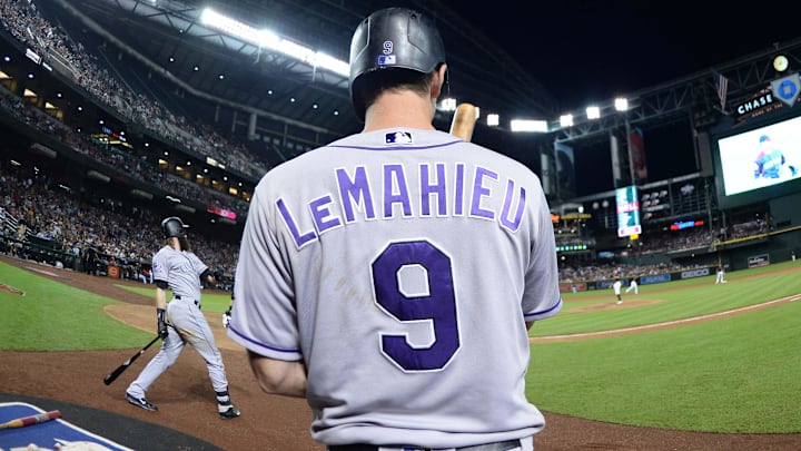 Sep 22, 2018; Phoenix, AZ, USA; Colorado Rockies second baseman DJ LeMahieu (9) waits on deck during the sixth inning against the Arizona Diamondbacks at Chase Field