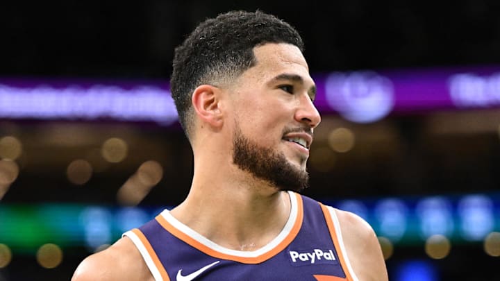 Mar 16, 2026; Boston, Massachusetts, USA; Phoenix Suns guard Devin Booker (1) reacts after a game against the Boston Celtics during the second half at the TD Garden. Mandatory Credit: Brian Fluharty-Imagn Images