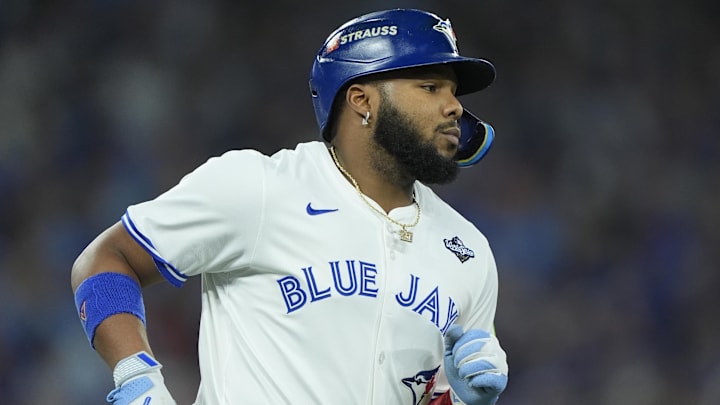 Nov 1, 2025; Toronto, Ontario, CAN; Toronto Blue Jays first baseman Vladimir Guerrero Jr. (27) walks to first base in the third inning against the Los Angeles Dodgers during game seven of the 2025 MLB World Series at Rogers Centre. Mandatory Credit: John E. Sokolowski-Imagn Images Nov 1, 2025; Toronto, Ontario, CAN; Toronto Blue Jays first baseman Vladimir Guerrero Jr. (27) walks to first base in the third inning against the Los Angeles Dodgers during game seven of the 2025 MLB World Series at Rogers Centre. Mandatory Credit: John E. Sokolowski-Imagn Images