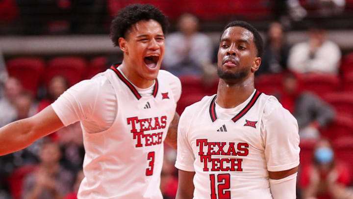 Texas Tech's LeJuan Watts reacts to Donovan Atwell's made shot against Wyoming during a non-conference men's basketball game, Sunday, Nov. 30, 2025, in United Supermarkets Arena. Texas Tech's LeJuan Watts reacts to Donovan Atwell's made shot against Wyoming during a non-conference men's basketball game, Sunday, Nov. 30, 2025, in United Supermarkets Arena.
