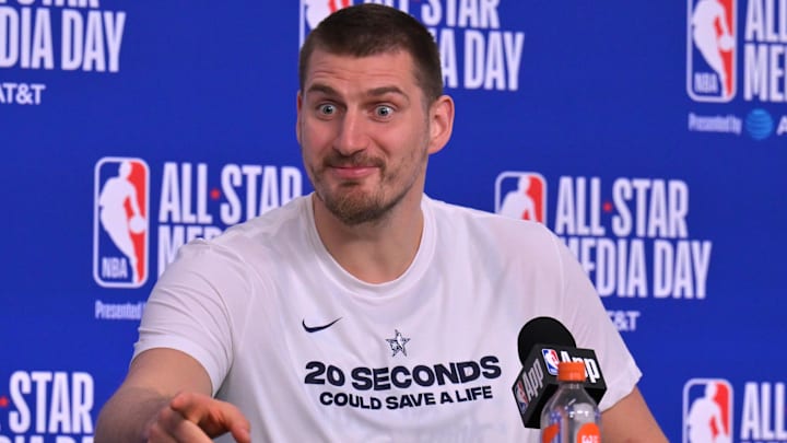 Feb 14, 2026; Los Angeles, CA, USA; Team World center Nikola Jokic (15) of the Denver Nuggets during a news conference for the NBA All Star game at Intuit Dome. Mandatory Credit: Jayne Kamin-Oncea-Imagn Images