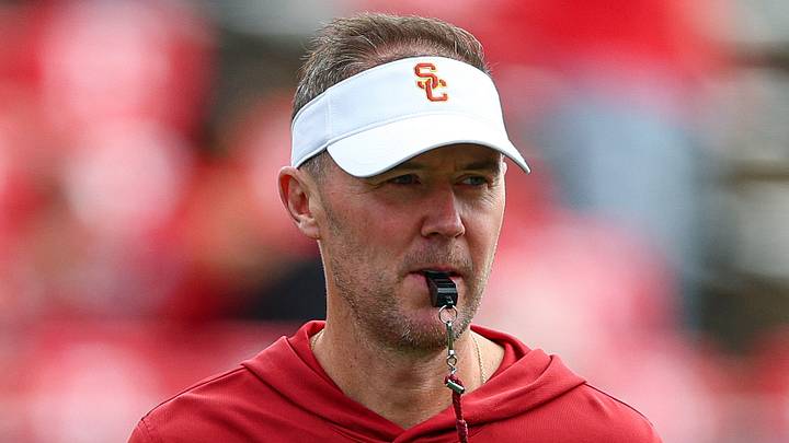 Sep 19, 2026; Piscataway, New Jersey, USA;  USC Trojans head coach Lincoln Riley on the field during warm ups before the game against the Rutgers Scarlet Knights at SHI Stadium. Mandatory Credit: Vincent Carchietta-Imagn Images