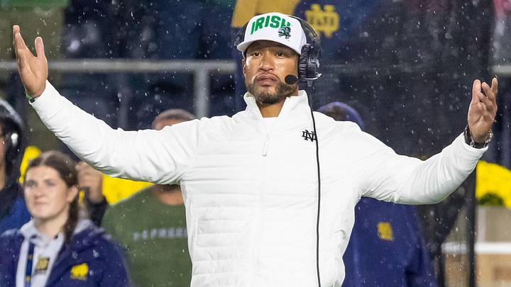 Oct 18, 2025; South Bend, Indiana, USA; Notre Dame Fighting Irish head coach Marcus Freeman reacts to the play against the Southern California Trojans during the second half at Notre Dame Stadium. Oct 18, 2025; South Bend, Indiana, USA; Notre Dame Fighting Irish head coach Marcus Freeman reacts to the play against the Southern California Trojans during the second half at Notre Dame Stadium.