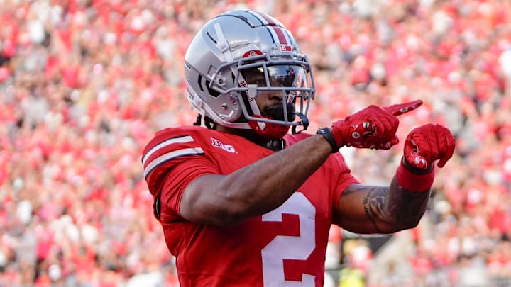 Sep 16, 2023; Columbus, Ohio, USA; Ohio State Buckeyes wide receiver Emeka Egbuka (2) celebrates scoring a 15-yard touchdown during the first half of the NCAA football game against the Western Kentucky Hilltoppers at Ohio Stadium. Sep 16, 2023; Columbus, Ohio, USA; Ohio State Buckeyes wide receiver Emeka Egbuka (2) celebrates scoring a 15-yard touchdown during the first half of the NCAA football game against the Western Kentucky Hilltoppers at Ohio Stadium.
