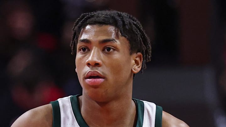 Jan 27, 2026; Piscataway, New Jersey, USA; Michigan State Spartans guard Jeremy Fears Jr. (1) dribbles up court against the Rutgers Scarlet Knights during the first half at Jersey Mike's Arena.