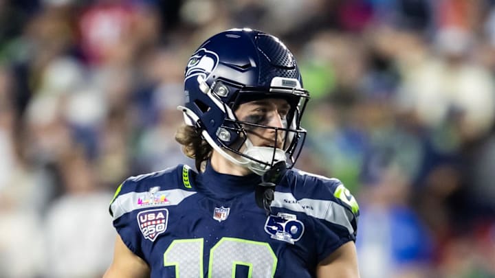 Feb 8, 2026; Santa Clara, CA, USA; Seattle Seahawks wide receiver Jake Bobo (19) against the New England Patriots during Super Bowl LX at Levi's Stadium. Feb 8, 2026; Santa Clara, CA, USA; Seattle Seahawks wide receiver Jake Bobo (19) against the New England Patriots during Super Bowl LX at Levi's Stadium.