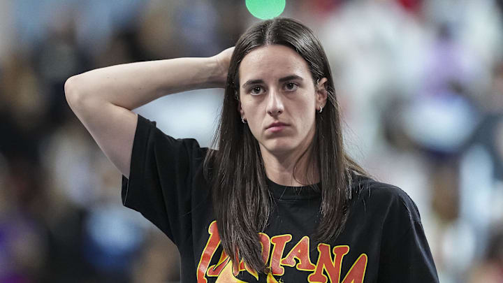 Sep 18, 2025; College Park, Georgia, USA; Indiana Fever guard Caitlin Clark (22) shown on the court against the Atlanta Dream during the first half during game three of round one for the 2025 WNBA Playoffs at Gateway Center Arena at College Park. Mandatory Credit: Dale Zanine-Imagn Images