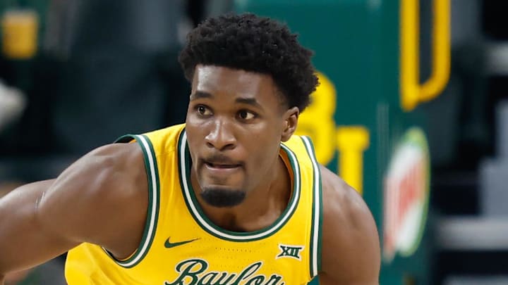 Mar 7, 2026; Waco, Texas, USA;  Baylor Bears guard Tounde Yessoufou (24) dribbles the ball up court against the Utah Utes during the first half at Paul and Alejandra Foster Pavilion. Mandatory Credit: Chris Jones-Imagn Images