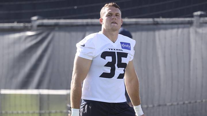 Jul 23, 2025; Houston, TX, USA;  Houston Texans linebacker Jake Hansen (35) during training camp at Houston Methodist Training Center. Mandatory Credit: Troy Taormina-Imagn Images