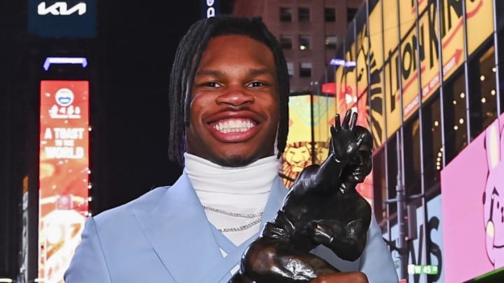 Dec 14, 2024; New York, NY, USA; Colorado Buffaloes wide receiver/cornerback Travis Hunter after winning the 2024 Heisman Trophy. Mandatory Credit: Todd Van Emst/Heisman Trust via Imagn Images Dec 14, 2024; New York, NY, USA; Colorado Buffaloes wide receiver/cornerback Travis Hunter after winning the 2024 Heisman Trophy. Mandatory Credit: Todd Van Emst/Heisman Trust via Imagn Images
