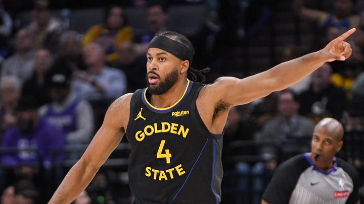 Nov 5, 2025; Sacramento, California, USA; Golden State Warriors guard Moses Moody (4) reacts after scoring against the Sacramento Kings during the second quarter at Golden 1 Center. Mandatory Credit: Ed Szczepanski-Imagn Images