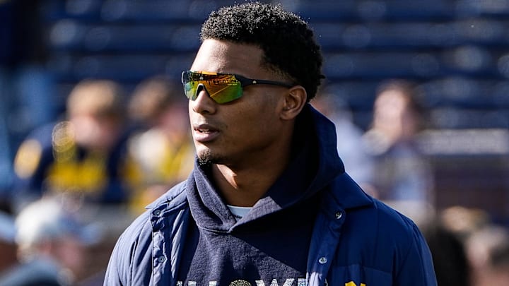 Michigan defensive back Will Johnson (2) watches warm up before the Oregon game at Michigan Stadium in Ann Arbor on Saturday, Nov. 2, 2024.