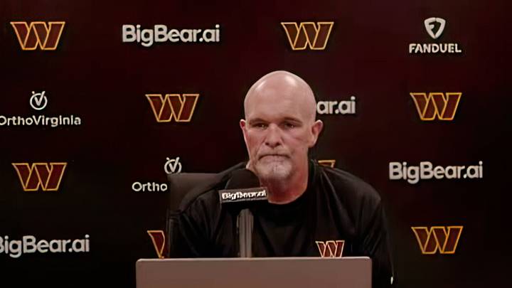 Washington Commanders head coach Dan Quinn speaks with reporters during his Sunday press conference following the team's preseason win over the Miami Dolphins. Washington Commanders head coach Dan Quinn speaks with reporters during his Sunday press conference following the team's preseason win over the Miami Dolphins.