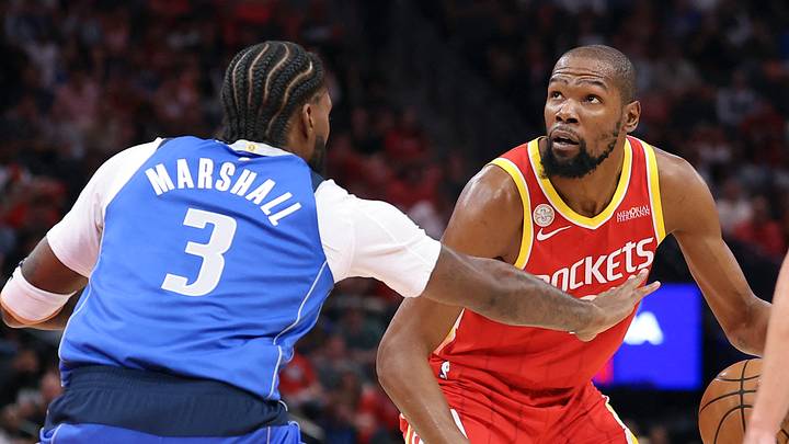 Oct 21, 2026; Houston, Texas, USA; Houston Rockets forward Kevin Durant (7) dribbles the ball as Dallas Mavericks forward Naji Marshall (3) defends during the first quarter at Toyota Center. Mandatory Credit: Troy Taormina-Imagn Images Oct 21, 2026; Houston, Texas, USA; Houston Rockets forward Kevin Durant (7) dribbles the ball as Dallas Mavericks forward Naji Marshall (3) defends during the first quarter at Toyota Center. Mandatory Credit: Troy Taormina-Imagn Images