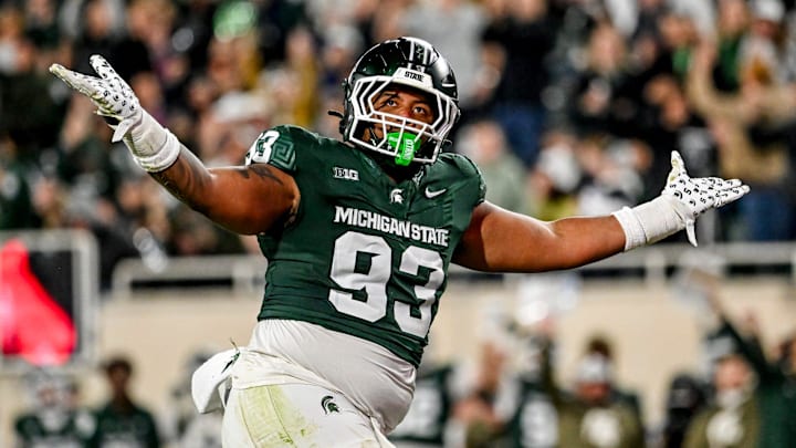 Michigan State's Jalen Satchell celebrates a sack against Penn State during the third quarter on Saturday, Nov. 15, 2025, at Spartan Stadium in East Lansing.