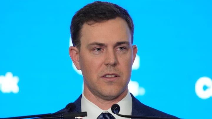 New Kentucky Wildcat head coach Will Stein makes remarks as he is introduced at Kentucky on Wednesday, December 3, 2025