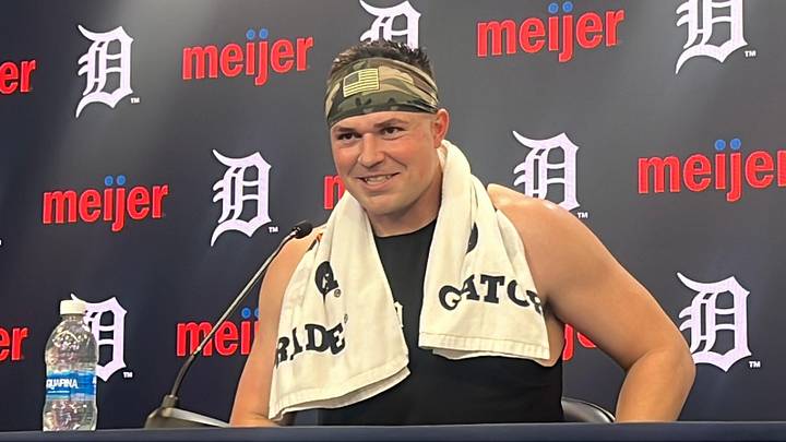Detroit Tigers left-hander Tarik Skubal talks to reporters after a bullpen session in return from elbow surgery May 18, 2026, at Comerica Park in Detroit, Michigan. Detroit Tigers left-hander Tarik Skubal talks to reporters after a bullpen session in return from elbow surgery May 18, 2026, at Comerica Park in Detroit, Michigan.