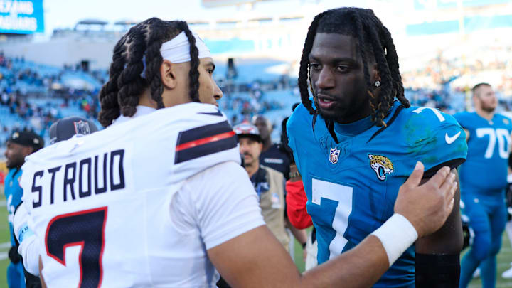 Houston Texans quarterback C.J. Stroud (7), left, talks with Jacksonville Jaguars wide receiver Brian Thomas Jr. (7) after the game of an NFL football matchup Sunday, Dec. 1, 2024 at EverBank Stadium in Jacksonville, Fla. The Texans held off the Jaguars 23-20. [Corey Perrine/Florida Times-Union]