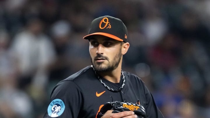 Apr 7, 2025; Phoenix, Arizona, USA; Baltimore Orioles pitcher Zach Eflin against the Arizona Diamondbacks at Chase Field. Mandatory Credit: Mark J. Rebilas-Imagn Images