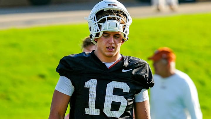 Texas Longhorns quarterback, Arch Manning during his first practice of the spring season on Tuesday, March 25, 2025.