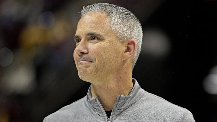 Mar 9, 2024; Tallahassee, Florida, USA; Florida State Seminoles head football coach Mike Norvell accepts the Bear Bryant coach of the Year award during a media timeout of a basketball game against the Miami Hurricanes at Donald L. Tucker Center. Mandatory Credit: Melina Myers-Imagn Images