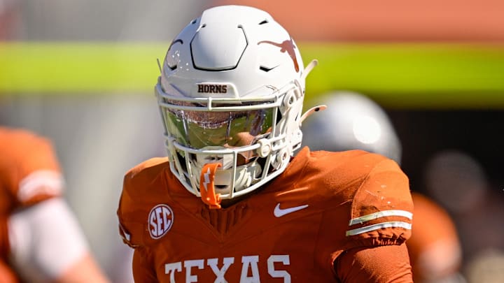 Oct 11, 2025; Dallas, Texas, USA; Texas Longhorns linebacker Anthony Hill Jr. (0) looks on during the game between the Texas Longhorns and the Oklahoma Sooners at the Cotton Bowl. Mandatory Credit: Jerome Miron-Imagn Images