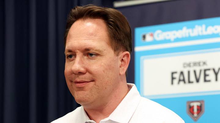 Feb 15, 2024; Tampa, FL, USA; Minnesota Twins president of baseball operations Derek Falvey talks with media at George M. Steinbrenner Field. Mandatory Credit: Kim Klement Neitzel-Imagn Images