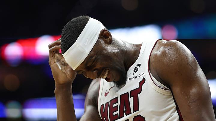 Feb 26, 2026; Philadelphia, Pennsylvania, USA; Miami Heat center Bam Adebayo (13) reacts after a collision during the first quarter against the Philadelphia 76ers at Xfinity Mobile Arena. Mandatory Credit: Bill Streicher-Imagn Images