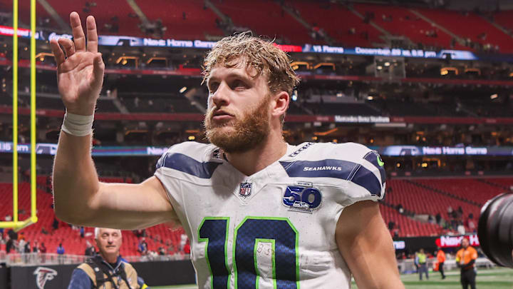 Dec 7, 2025; Atlanta, Georgia, USA; Seattle Seahawks wide receiver Cooper Kupp (10) celebrates after a victory over the Atlanta Falcons at Mercedes-Benz Stadium.