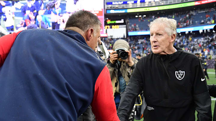 Sep 7, 2025; Foxborough, Massachusetts, USA; Las Vegas Raiders head coach Pete Carroll and New England Patriots head coach Mike Vrabel shake hands after the game at Gillette Stadium. Mandatory Credit: Bob DeChiara-Imagn Images